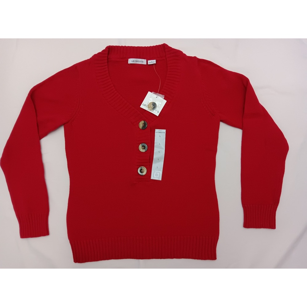 NWT Liz Claiborne Women Red Cherry Cordial Cotton V‎ Neck Sweater Size L